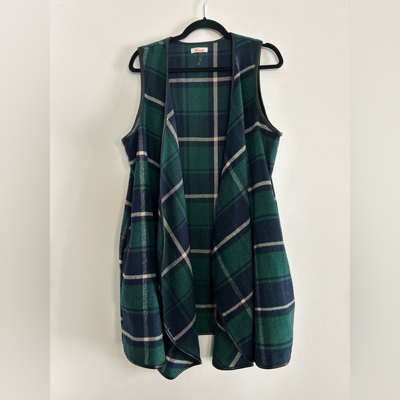 Rosette Sweaters - Rosette Womens Size Large Green Blue Plaid Sleeveless Cardigan Faux Leather Trim